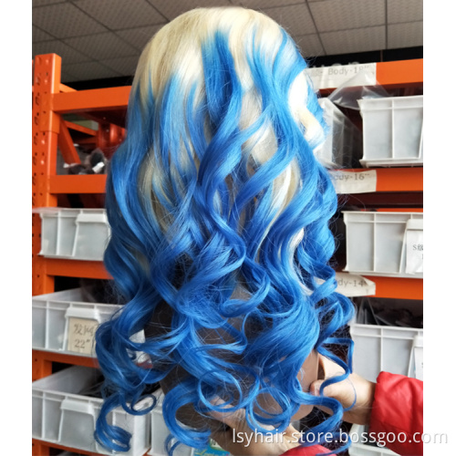 Custom Highlight Blue Color 100% Brazilian Human Hair Wig Unit, Custom Wavy Human Hair Wigs For African American